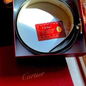 Unworn, in box,gorgeous Cartier black alligator belt with certificate. MSize 46